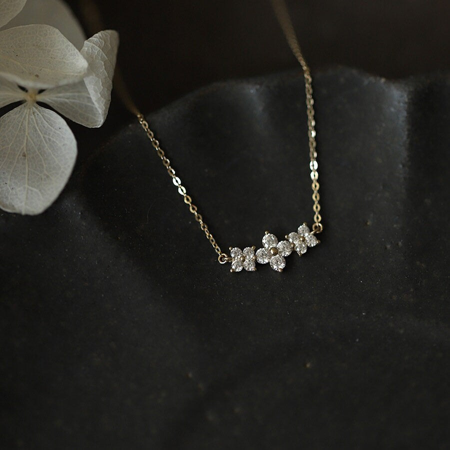 14k Gold Vermeil CZ Flower Necklace, Dainty Duo Flower Necklace, Gold Flower Necklace, Sparkly Flower Choker, Minimalist Necklace, GE30