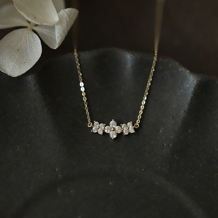 14k Gold Vermeil CZ Flower Necklace, Dainty Duo Flower Necklace, Gold Flower Necklace, Sparkly Flower Choker, Minimalist Necklace, GE30