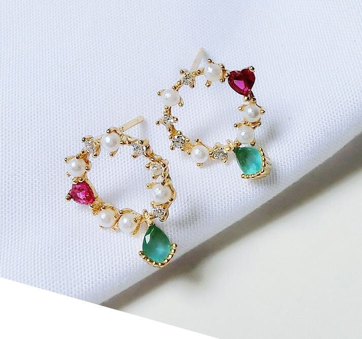 Dainty Gold Colorful Circle CZ Earrings, Heart Ruby CZ Circle Earrings, Waterdrop Emerald CZ Circe Earrings, Tiny Pearl Circle Earring, GE49