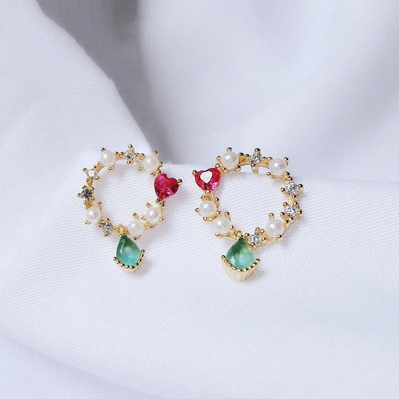 Dainty Gold Colorful Circle CZ Earrings, Heart Ruby CZ Circle Earrings, Waterdrop Emerald CZ Circe Earrings, Tiny Pearl Circle Earring, GE49