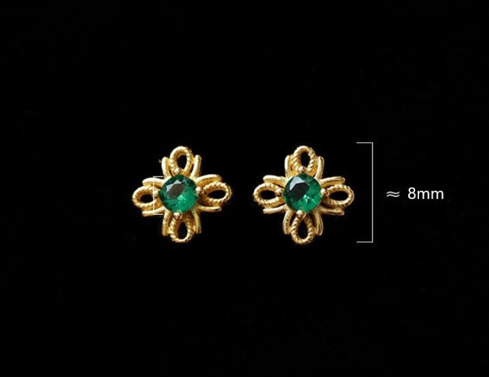 Dainty Gold Emerald CZ Stud Earrings, Deliciated Flower Emerald Earrings, Gold Emerald Flower Studs, Minimalist Green Earring, Gift, GE50