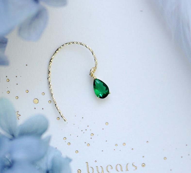 Dainty Gold Emerald CZ Waterdrop Hook Dangle Earrings, Silver Tiny Emerald CZ Droplet Hook Drop Earrings, Gift for Her, Gift for Mom, E51