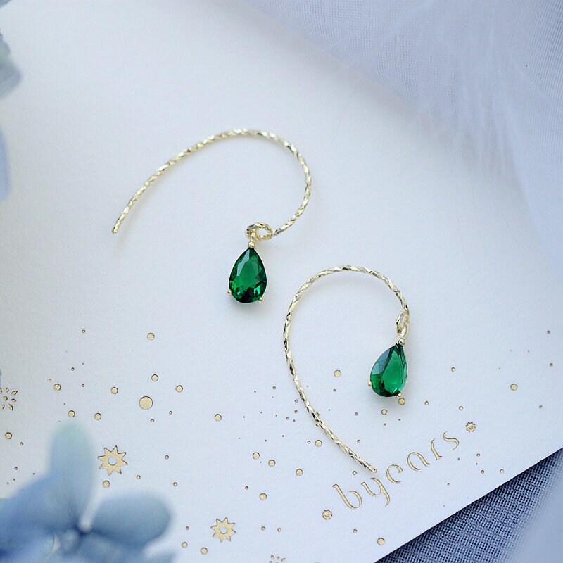 Dainty Gold Emerald CZ Waterdrop Hook Dangle Earrings, Silver Tiny Emerald CZ Droplet Hook Drop Earrings, Gift for Her, Gift for Mom, E51