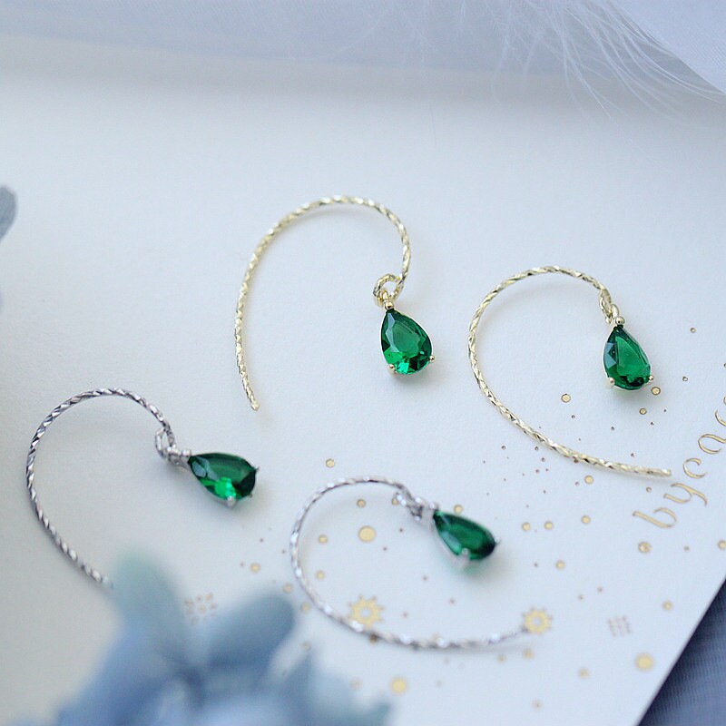 Dainty Gold Emerald CZ Waterdrop Hook Dangle Earrings, Silver Tiny Emerald CZ Droplet Hook Drop Earrings, Gift for Her, Gift for Mom, E51