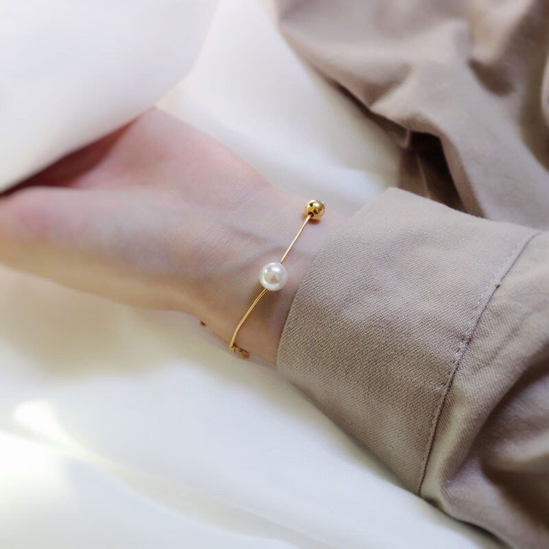 14k Gold Vermeil Ball & Pearl Bracelets, Dainty Pearl Bracelet, Delicate Ball Bracelets, Minimalist Bracelet, Perfect Gift for Her, GB03