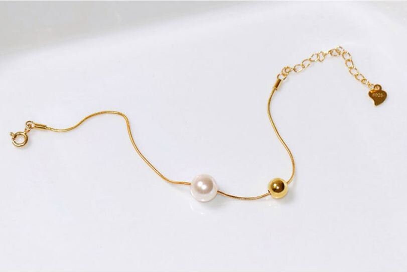 14k Gold Vermeil Ball & Pearl Bracelets, Dainty Pearl Bracelet, Delicate Ball Bracelets, Minimalist Bracelet, Perfect Gift for Her, GB03