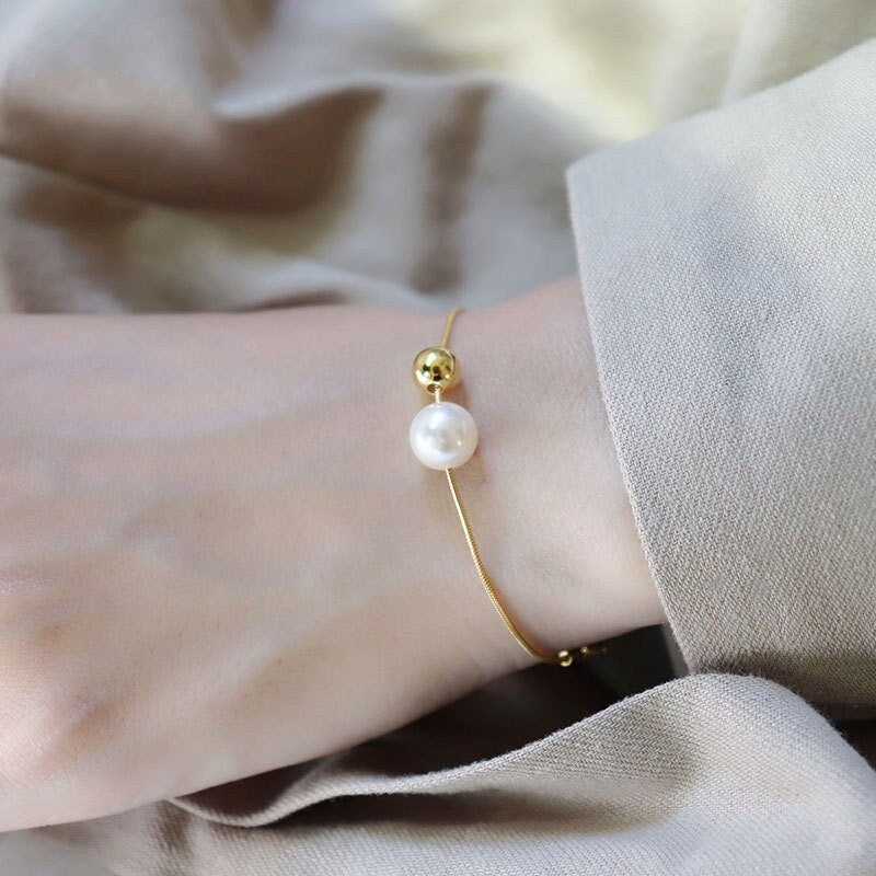 14k Gold Vermeil Ball & Pearl Bracelets, Dainty Pearl Bracelet, Delicate Ball Bracelets, Minimalist Bracelet, Perfect Gift for Her, GB03