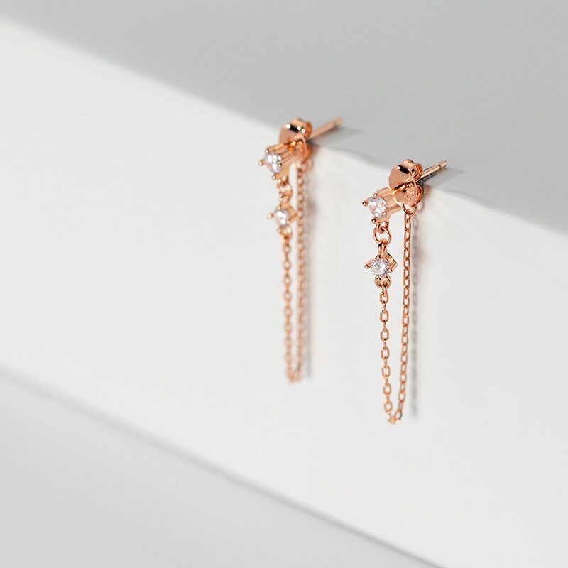 14k Rose Gold Vermeil Dainty CZ Threader Dangle & Drop Earrings, Rose Gold Tassel Earrings, Minimalist Threader Earring, Gifts, GE59