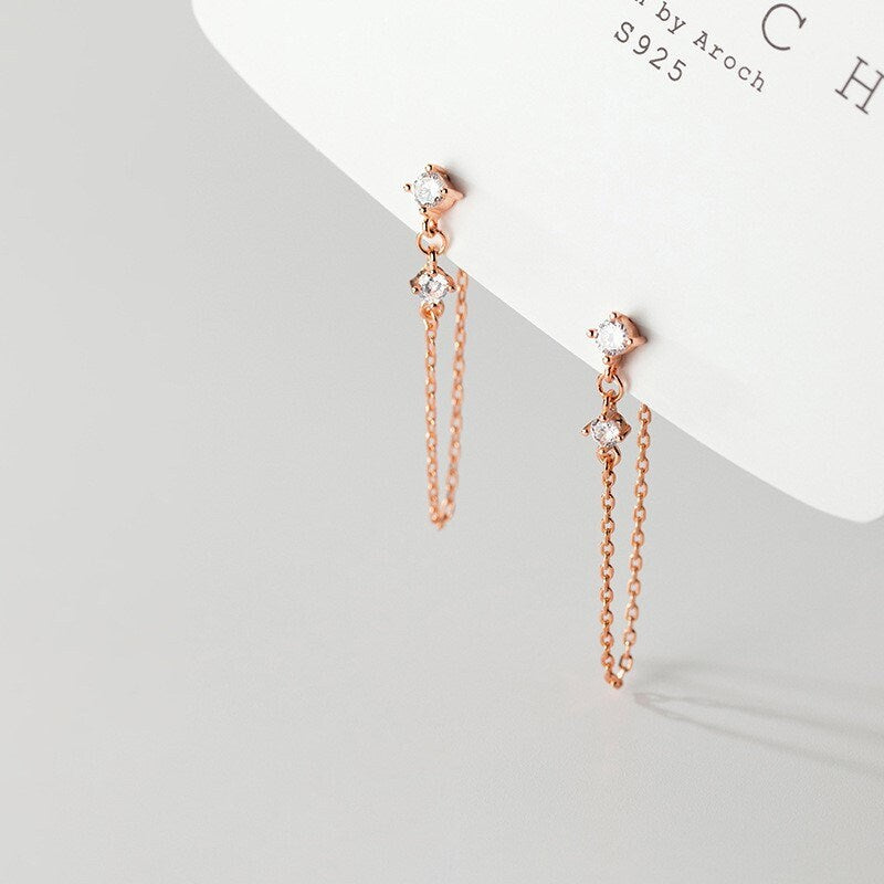 14k Rose Gold Vermeil Dainty CZ Threader Dangle & Drop Earrings, Rose Gold Tassel Earrings, Minimalist Threader Earring, Gifts, GE59