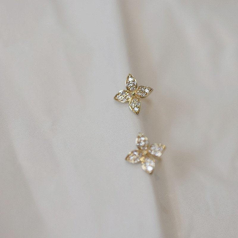 Dainty CZ 14k Gold Vermeil Flower Stud Earrings, Delicate Flower Earrings, Gold Flower CZ Studs, Minimalist Plant Earrings, Gifts, GE60