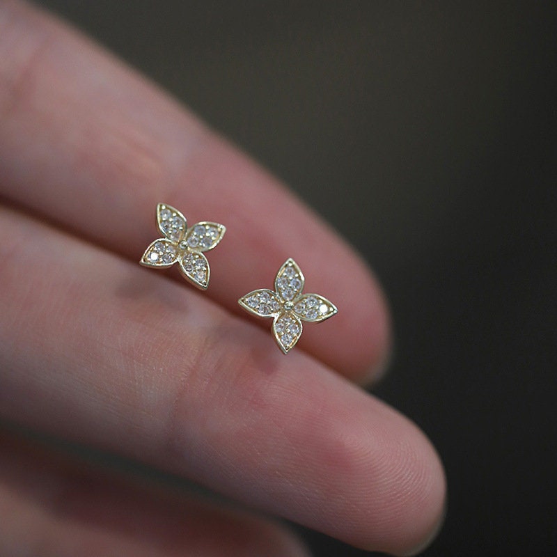 Dainty CZ 14k Gold Vermeil Flower Stud Earrings, Delicate Flower Earrings, Gold Flower CZ Studs, Minimalist Plant Earrings, Gifts, GE60