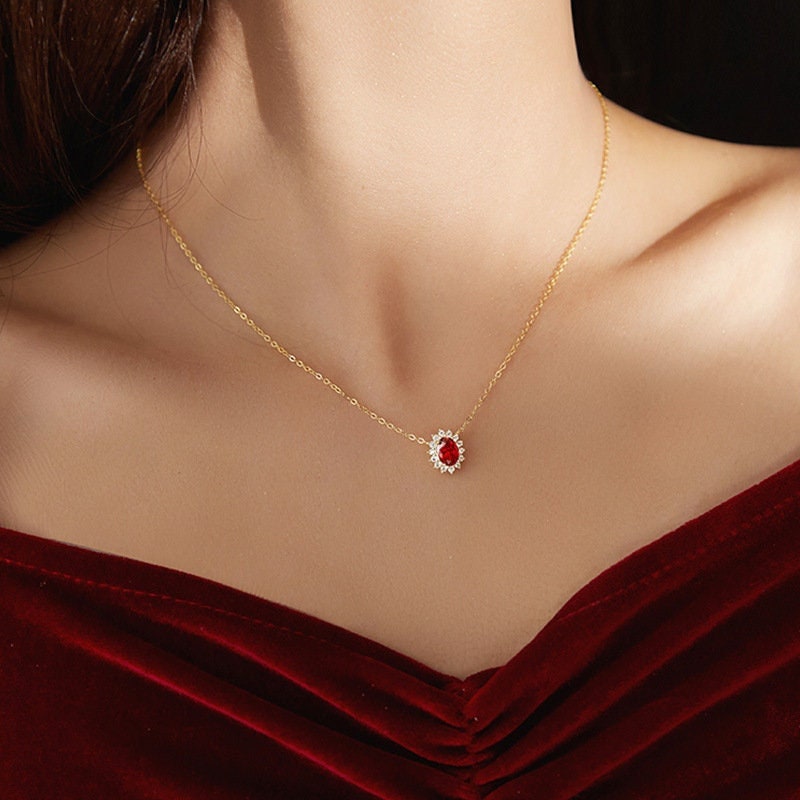 Dainty Gold Oval Ruby CZ Necklace, Delicate Gold Ruby Pendant, Sparkly CZ Vintage Ruby Necklace, Minimalist Ruby Necklace, Wedding Gift GN31