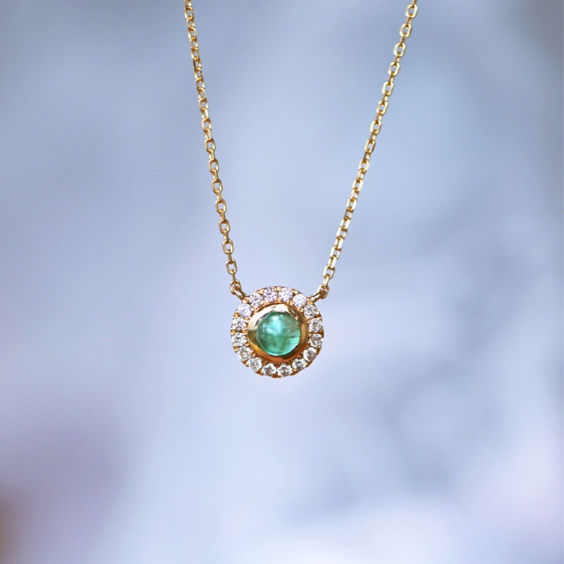 14k Gold Vermeil Round Cut Emerald CZ Necklace, Sparkly CZ Paving Emerald Pendant, Gold Emerald Necklace, Modern Design, Minimalist, GN32