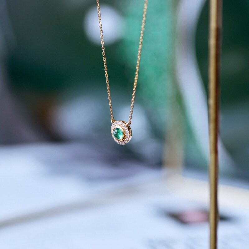 14k Gold Vermeil Round Cut Emerald CZ Necklace, Sparkly CZ Paving Emerald Pendant, Gold Emerald Necklace, Modern Design, Minimalist, GN32