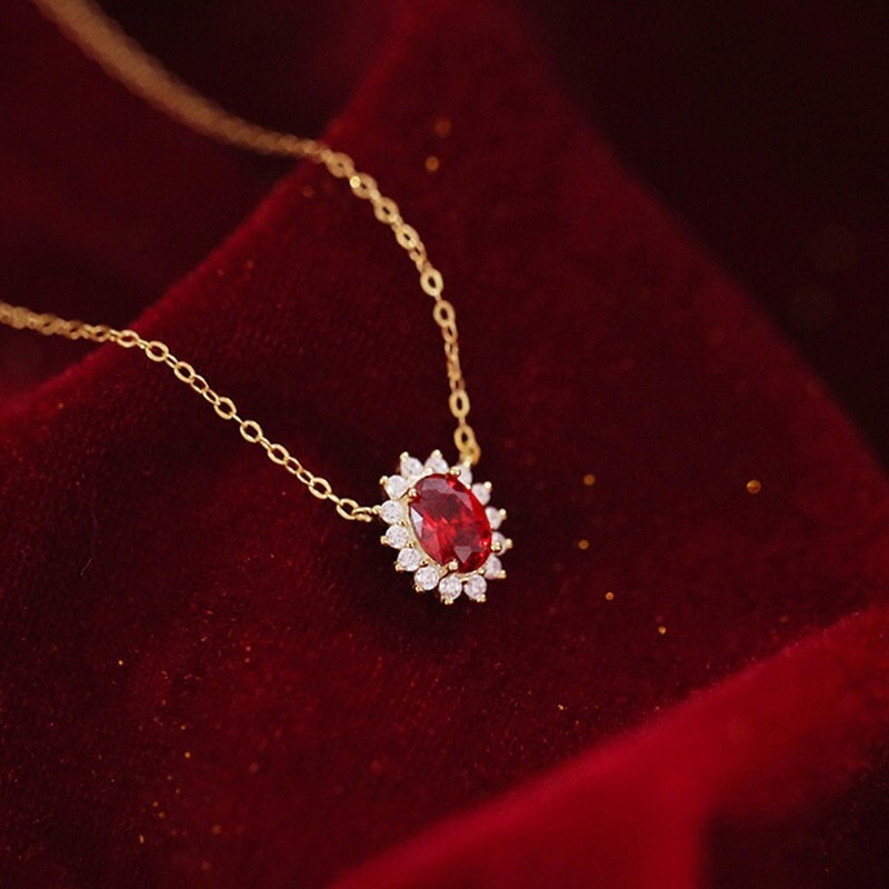 Dainty Gold Oval Ruby CZ Necklace, Delicate Gold Ruby Pendant, Sparkly CZ Vintage Ruby Necklace, Minimalist Ruby Necklace, Wedding Gift GN31