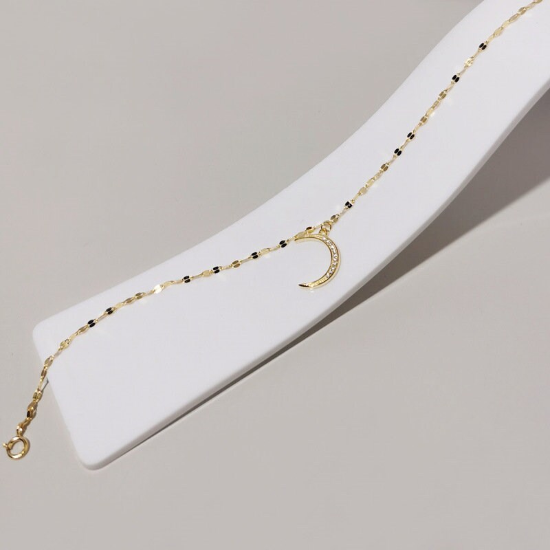 14k Gold Vermeil CZ Crescent Moon Ankle Bracelet, Gold Moon Anklet, Minimalist Moon Charm Anklet, Gold Skinny Anklet, Gift for Her, GA05