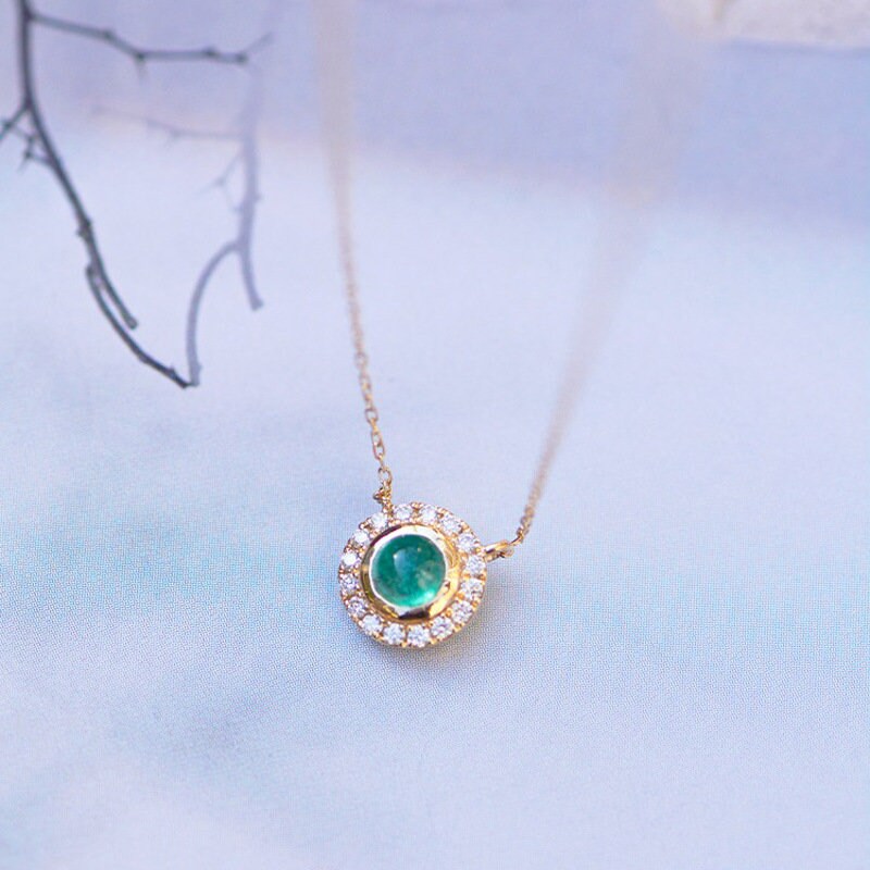 14k Gold Vermeil Round Cut Emerald CZ Necklace, Sparkly CZ Paving Emerald Pendant, Gold Emerald Necklace, Modern Design, Minimalist, GN32