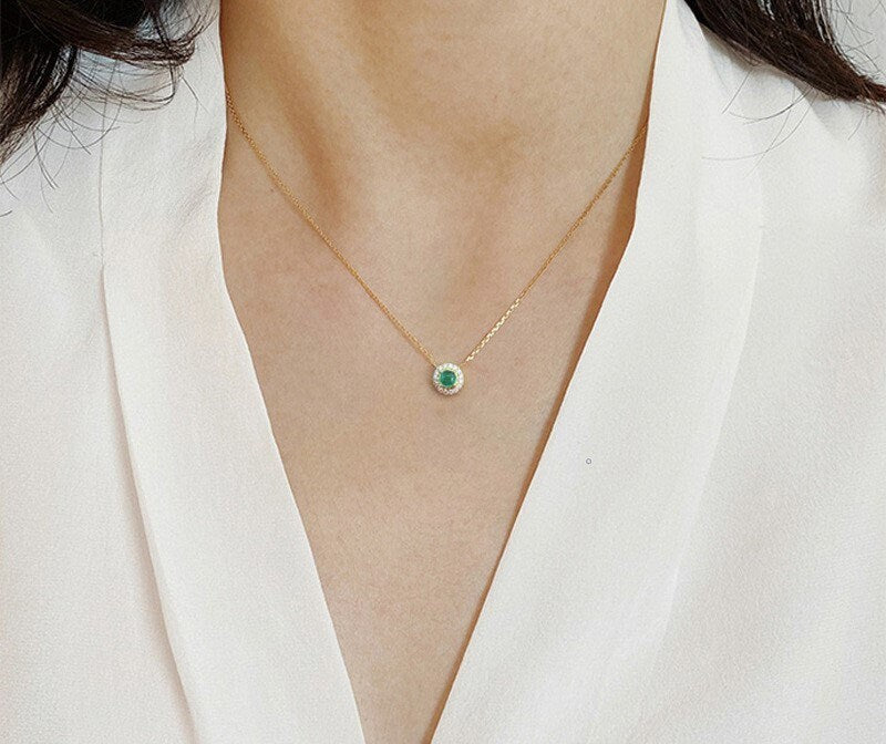 14k Gold Vermeil Round Cut Emerald CZ Necklace, Sparkly CZ Paving Emerald Pendant, Gold Emerald Necklace, Modern Design, Minimalist, GN32