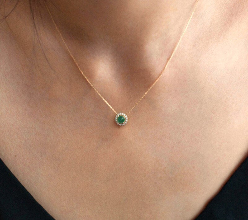 14k Gold Vermeil Round Cut Emerald CZ Necklace, Sparkly CZ Paving Emerald Pendant, Gold Emerald Necklace, Modern Design, Minimalist, GN32