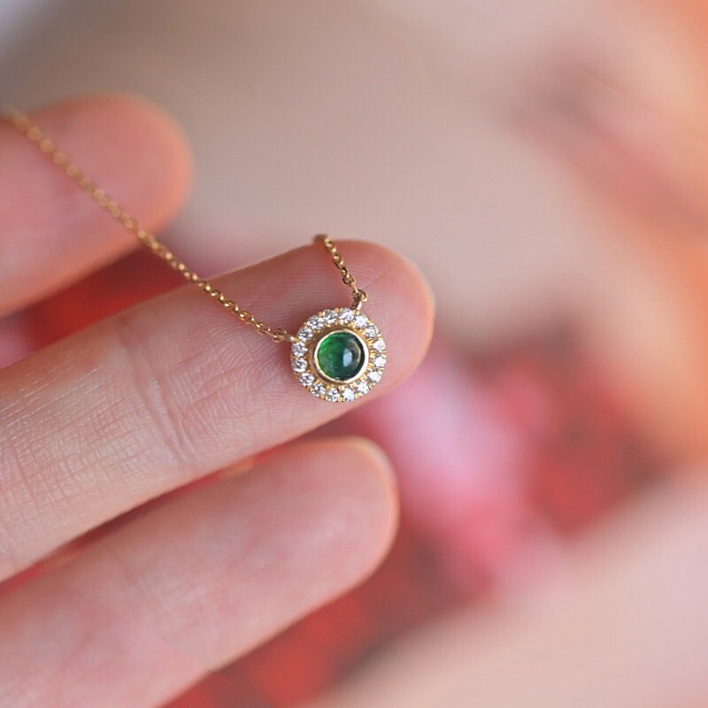 14k Gold Vermeil Round Cut Emerald CZ Necklace, Sparkly CZ Paving Emerald Pendant, Gold Emerald Necklace, Modern Design, Minimalist, GN32