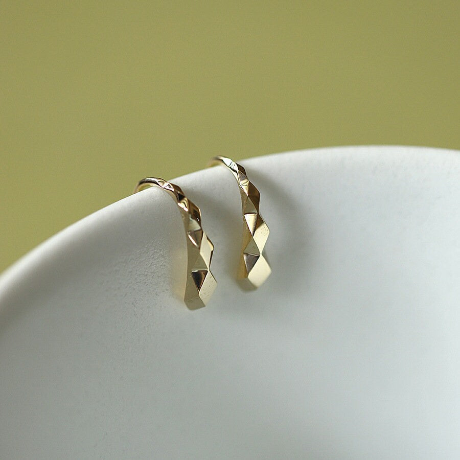 14k Gold Vermeil Hook Drop Earring, Dainty Diamond Faceted Hook Earrings, Minimalist Gold Hook Earring, Gifts for Her, GE72