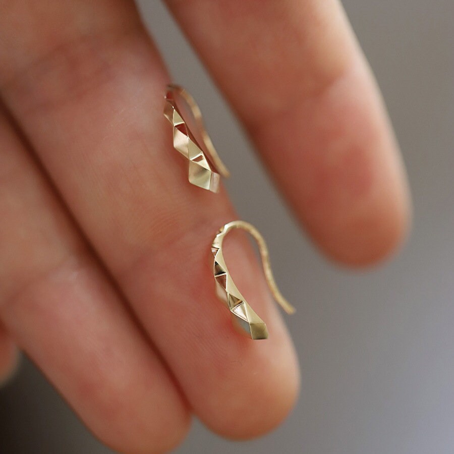 14k Gold Vermeil Hook Drop Earring, Dainty Diamond Faceted Hook Earrings, Minimalist Gold Hook Earring, Gifts for Her, GE72