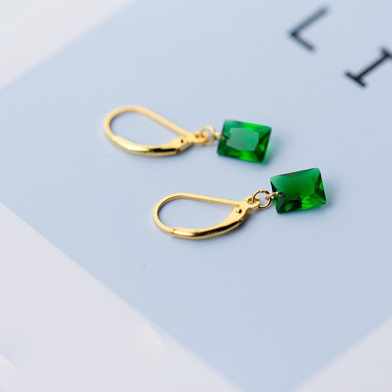 Gold Rectangle Emerald CZ Dangle & Drop Leverback Earrings, Emerald Lever Back Drop Earrings, Minimalist Green CZ Earring, Gift for Her GE85