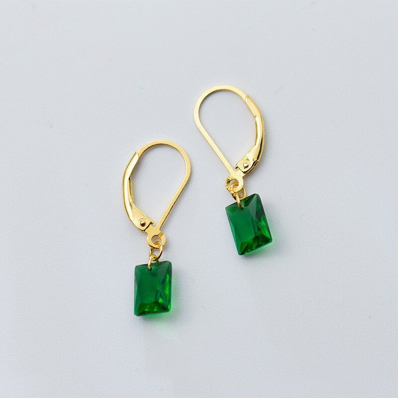 Gold Rectangle Emerald CZ Dangle & Drop Leverback Earrings, Emerald Lever Back Drop Earrings, Minimalist Green CZ Earring, Gift for Her GE85