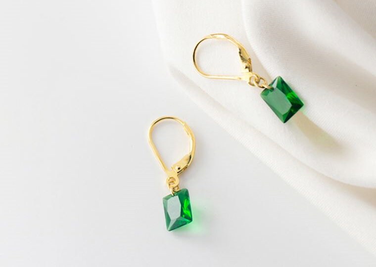 Gold Rectangle Emerald CZ Dangle & Drop Leverback Earrings, Emerald Lever Back Drop Earrings, Minimalist Green CZ Earring, Gift for Her GE85