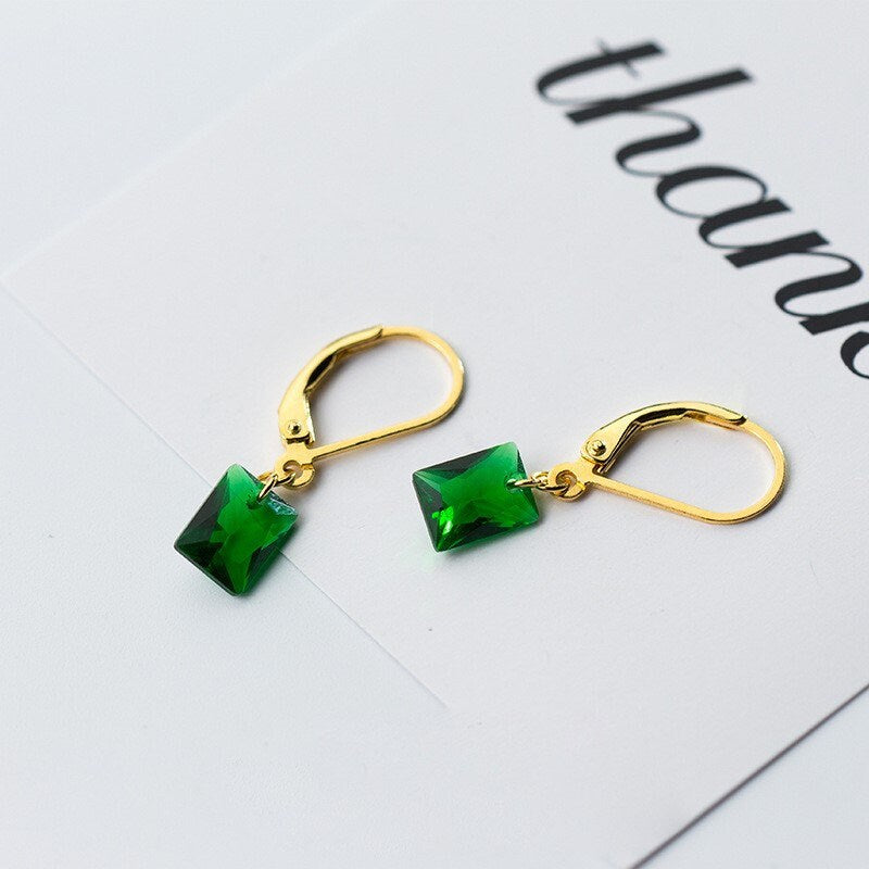 Gold Rectangle Emerald CZ Dangle & Drop Leverback Earrings, Emerald Lever Back Drop Earrings, Minimalist Green CZ Earring, Gift for Her GE85