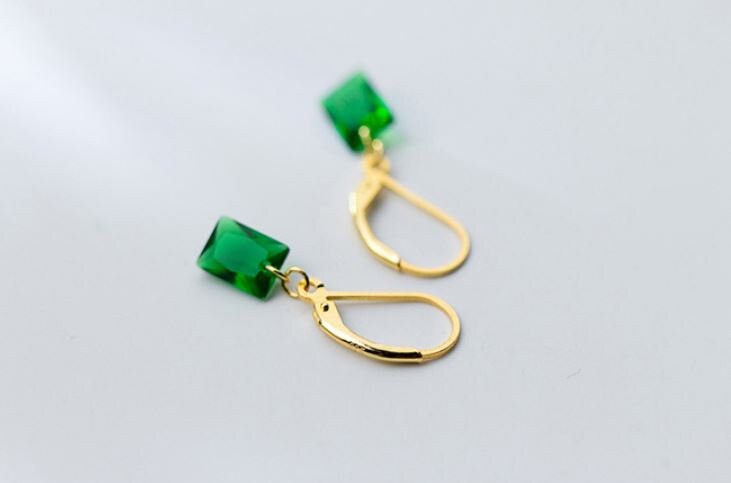 Gold Rectangle Emerald CZ Dangle & Drop Leverback Earrings, Emerald Lever Back Drop Earrings, Minimalist Green CZ Earring, Gift for Her GE85