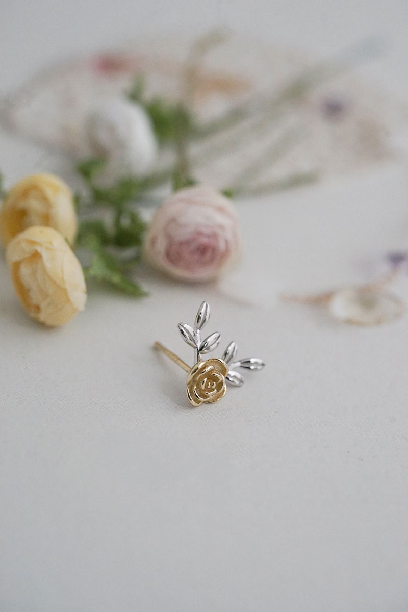 Gold Vermeil Rose & Branch Stud Earrings, Dainty Rose with Leaf Earrings, Natural Earrings, Two-Color Tone Rose Earring, Gift for Her, GE89