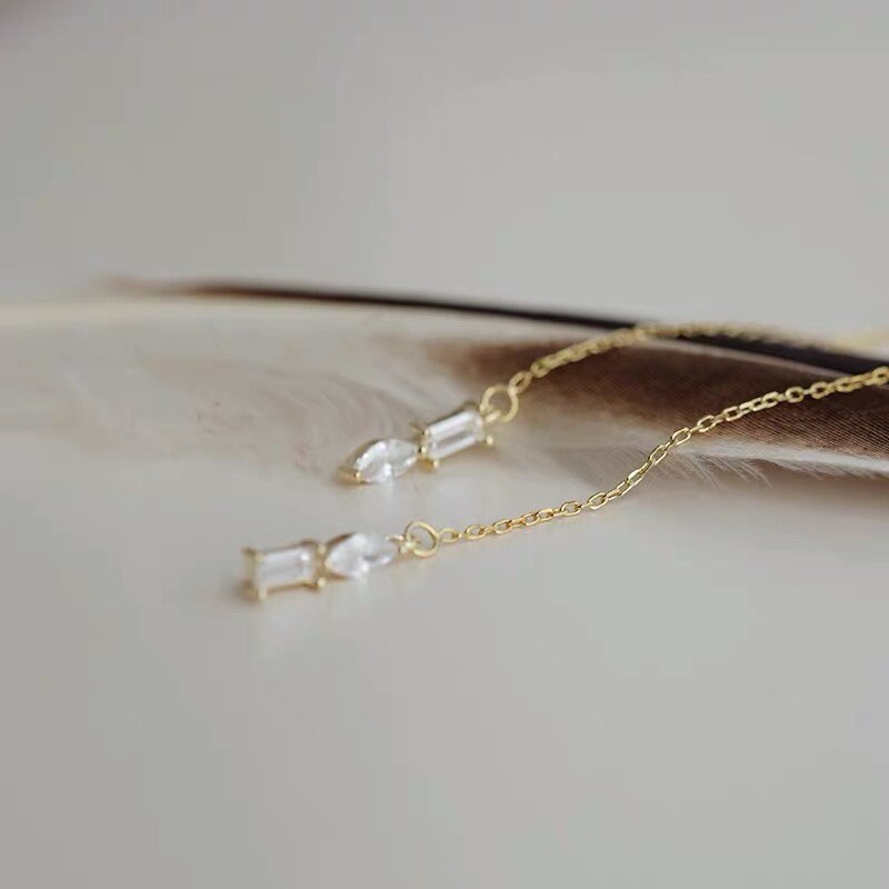 Delicate CZ Waterdrop & Rectangle Threader Earrings, Gold CZ Tassel Earrings, CZ Drop/Dangle Earring, Dainty Gold Chain Drop Earrings, GE96