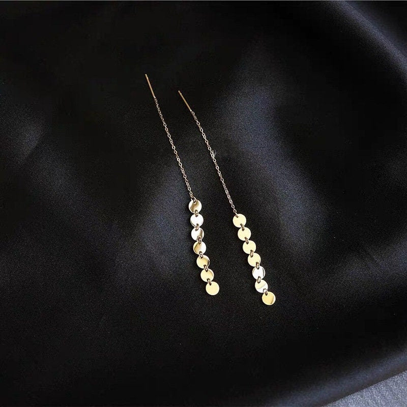 14k Gold Vermeil Coin Drop Tassel Earrings, Disc Threader Earrings, Dainty Tassel Earrings, Gold Chain Dangle Earrings, Gift for her, GE100