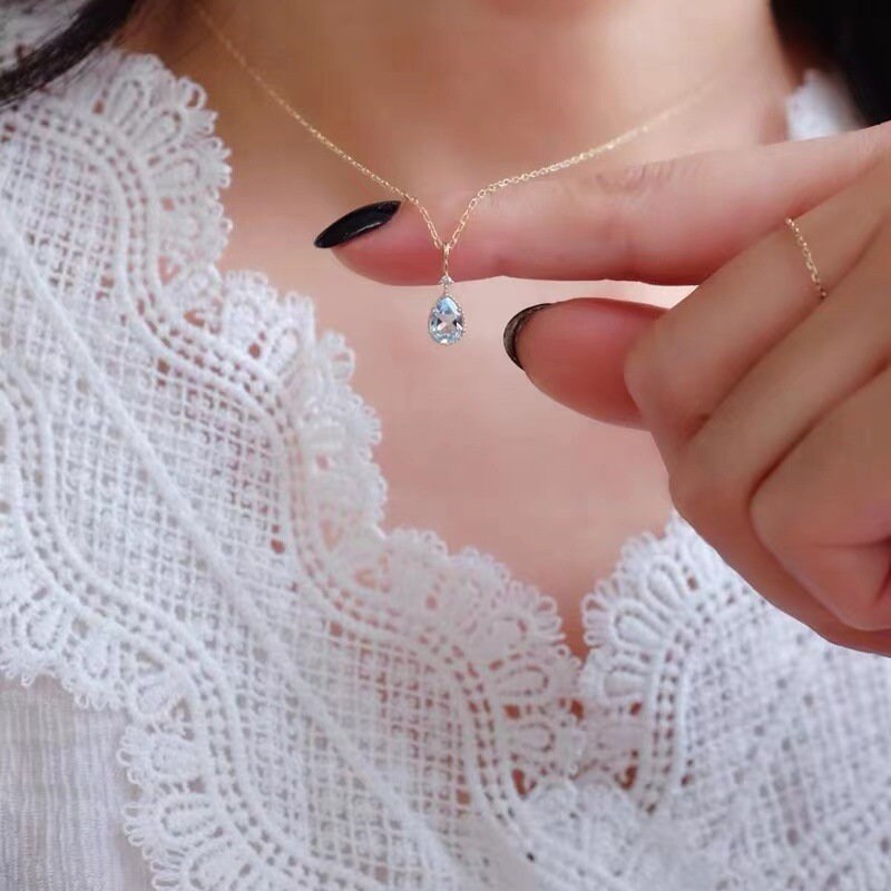 14k Gold Vermeil Sky Blue Topaz Waterdrop Necklace, Tiny Blue CZ Teardrop Necklace, Blue Droplet Pendant, Christmas gift, Gift for Her, GN36