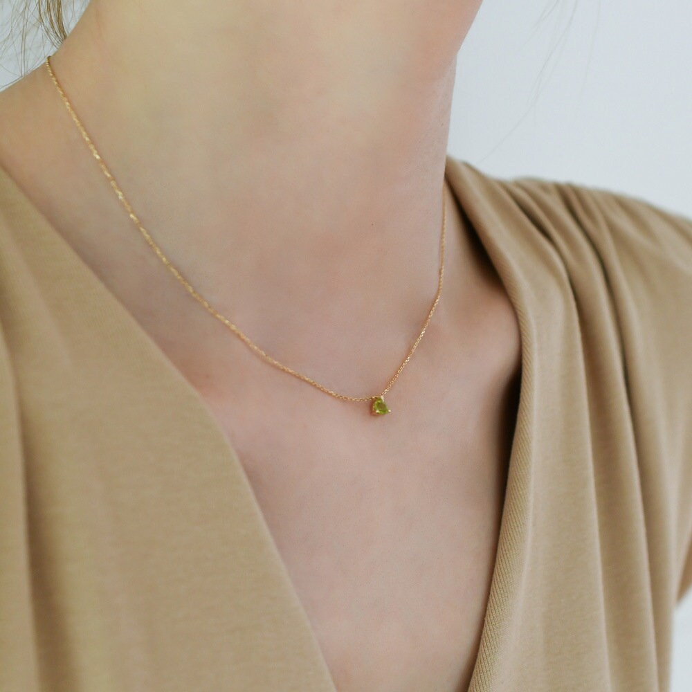 14k Gold Vermeil Tiny Olive Green Triangle CZ Necklace, Dainty Green CZ Triangle Necklace, Minimalist Geometry Necklace, Gifts for her, GN40