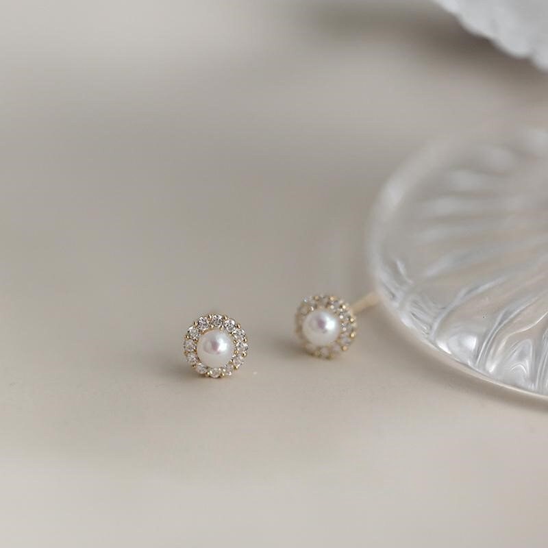 Dainty CZ Tiny Pearl Stud Earrings, Tiny Sparkly CZ Earrings, Gold Simulated Pearl Paving CZ Studs, Minimalist Earring, Gift for her, GE101