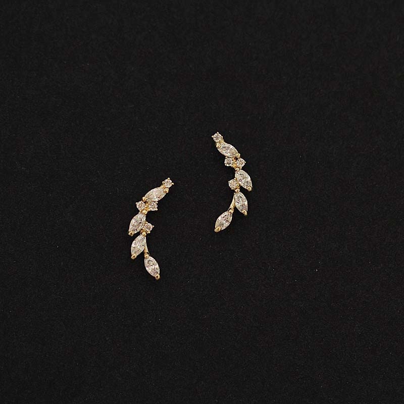 Gold CZ Leaf Climber Earrings, Dainty Laurel Branch Earrings, Sparkly CZ Crawler Earrings, Minimalist Stud Earrings, Christmas Gifts, GE102