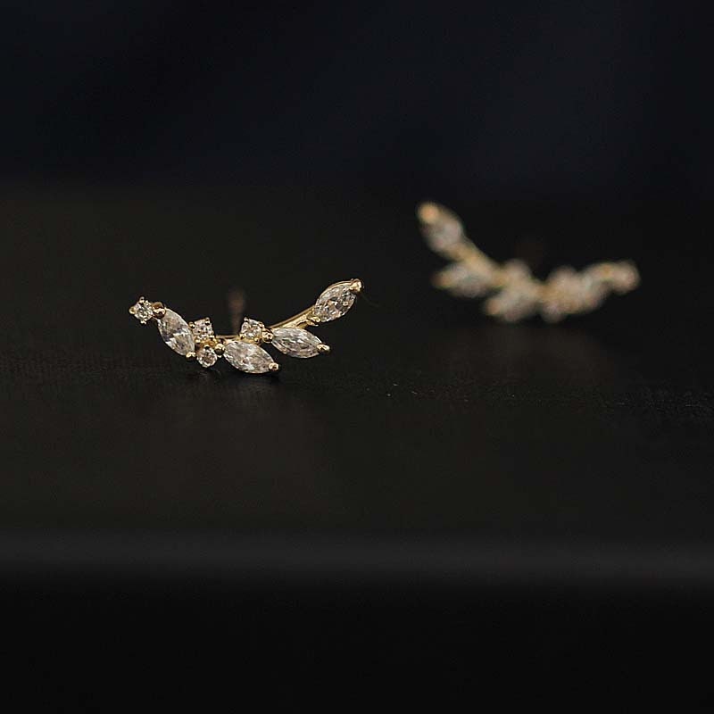 Gold CZ Leaf Climber Earrings, Dainty Laurel Branch Earrings, Sparkly CZ Crawler Earrings, Minimalist Stud Earrings, Christmas Gifts, GE102