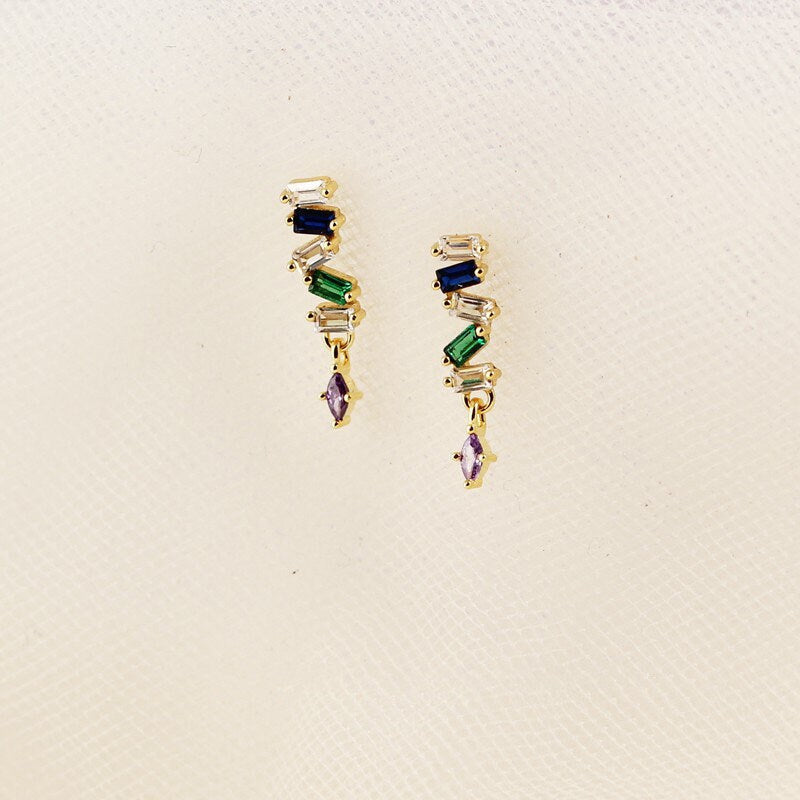 14k Gold Vermeil Colorful CZ Dangle & Drop Earrings, Delicate Rainbow CZ Dangle Earring, Minimalist Gold Earring, Christmas Gift, GE106