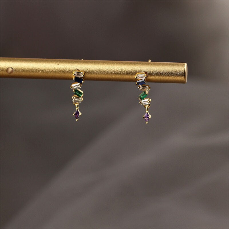 14k Gold Vermeil Colorful CZ Dangle & Drop Earrings, Delicate Rainbow CZ Dangle Earring, Minimalist Gold Earring, Christmas Gift, GE106