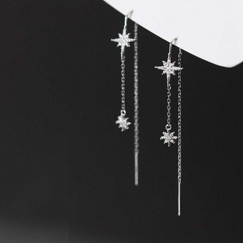 Sterling Silver Starburst Tassel Earrings, North Star Threader Earrings, Dainty Tassel Earrings, Rose Gold Chain Drop/Dangle Earrings, GE113