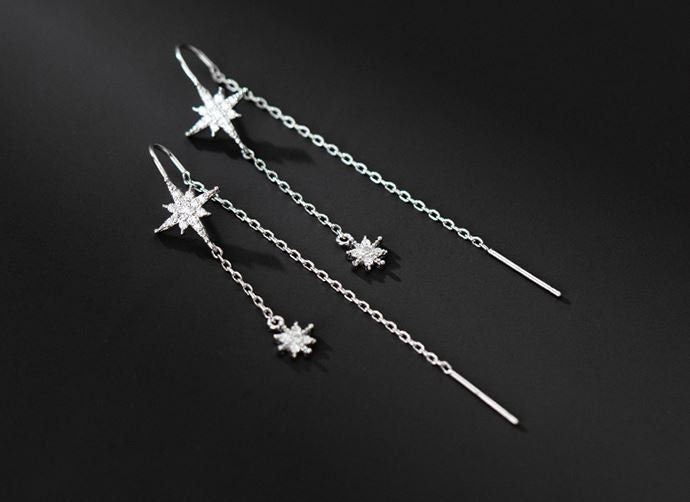 Sterling Silver Starburst Tassel Earrings, North Star Threader Earrings, Dainty Tassel Earrings, Rose Gold Chain Drop/Dangle Earrings, GE113