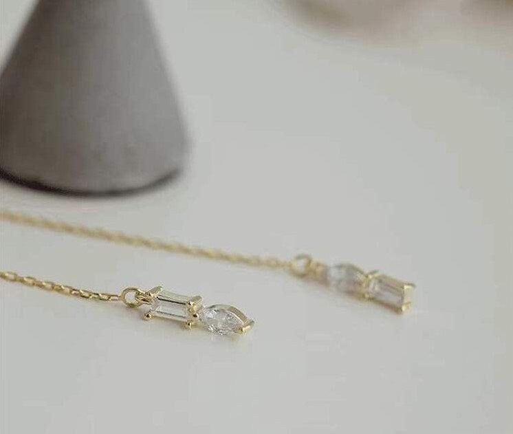 Delicate CZ Waterdrop & Rectangle Threader Earrings, Gold CZ Tassel Earrings, CZ Drop/Dangle Earring, Dainty Gold Chain Drop Earrings, GE96