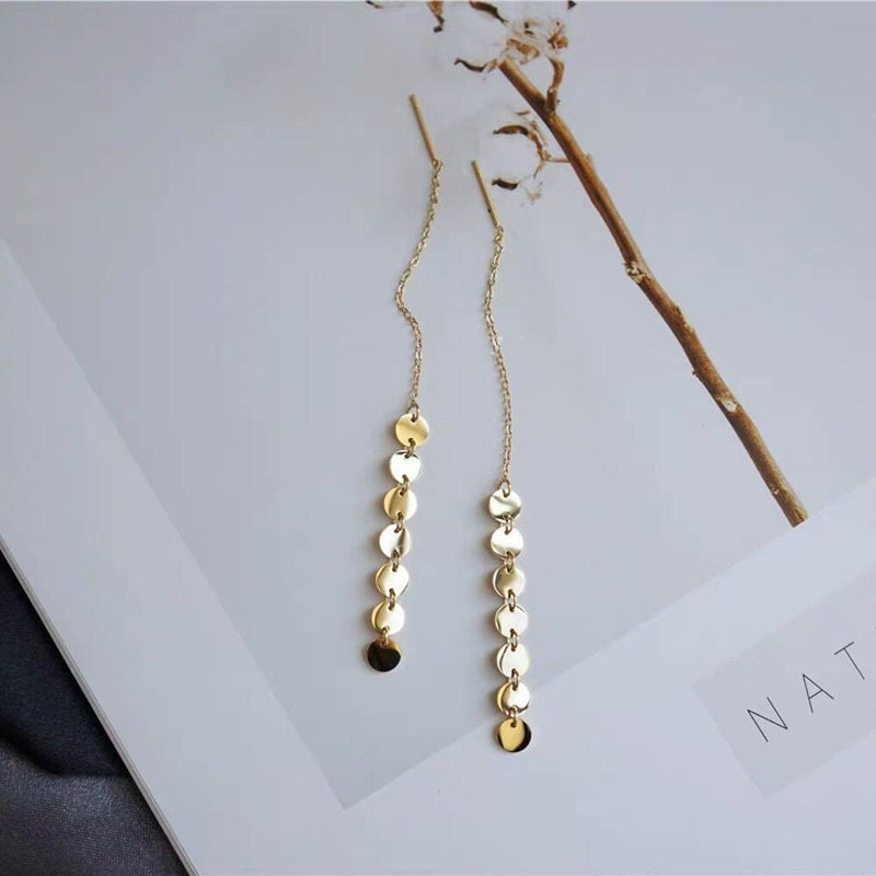 14k Gold Vermeil Coin Drop Tassel Earrings, Disc Threader Earrings, Dainty Tassel Earrings, Gold Chain Dangle Earrings, Gift for her, GE100