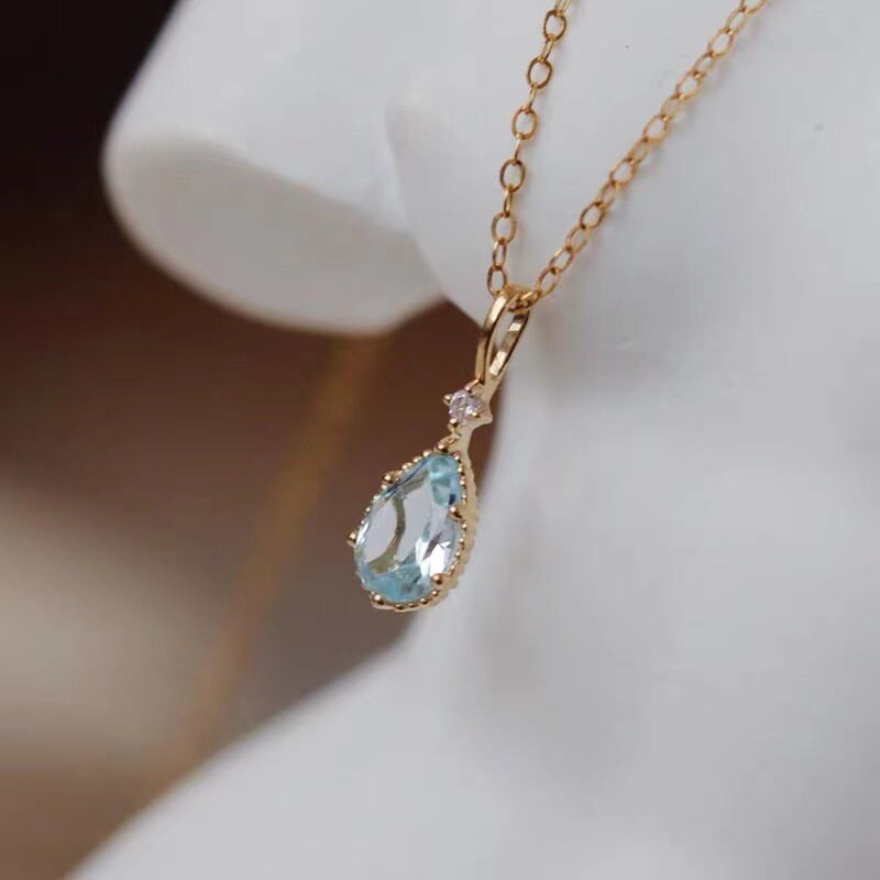 14k Gold Vermeil Sky Blue Topaz Waterdrop Necklace, Tiny Blue CZ Teardrop Necklace, Blue Droplet Pendant, Christmas gift, Gift for Her, GN36