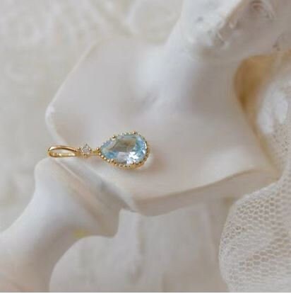 14k Gold Vermeil Sky Blue Topaz Waterdrop Necklace, Tiny Blue CZ Teardrop Necklace, Blue Droplet Pendant, Christmas gift, Gift for Her, GN36