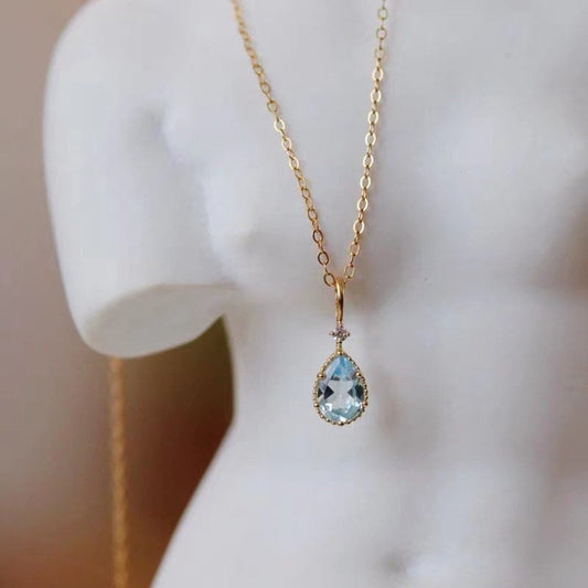 14k Gold Vermeil Sky Blue Topaz Waterdrop Necklace, Tiny Blue CZ Teardrop Necklace, Blue Droplet Pendant, Christmas gift, Gift for Her, GN36