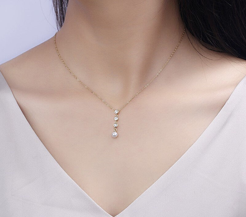 Delicate Gold CZ & Pearl Charm Necklace, Gold Pearl Drop Necklace, Dainty Pearl Pendant, Minimalist Necklace, Christmas Gift for Her, GN39