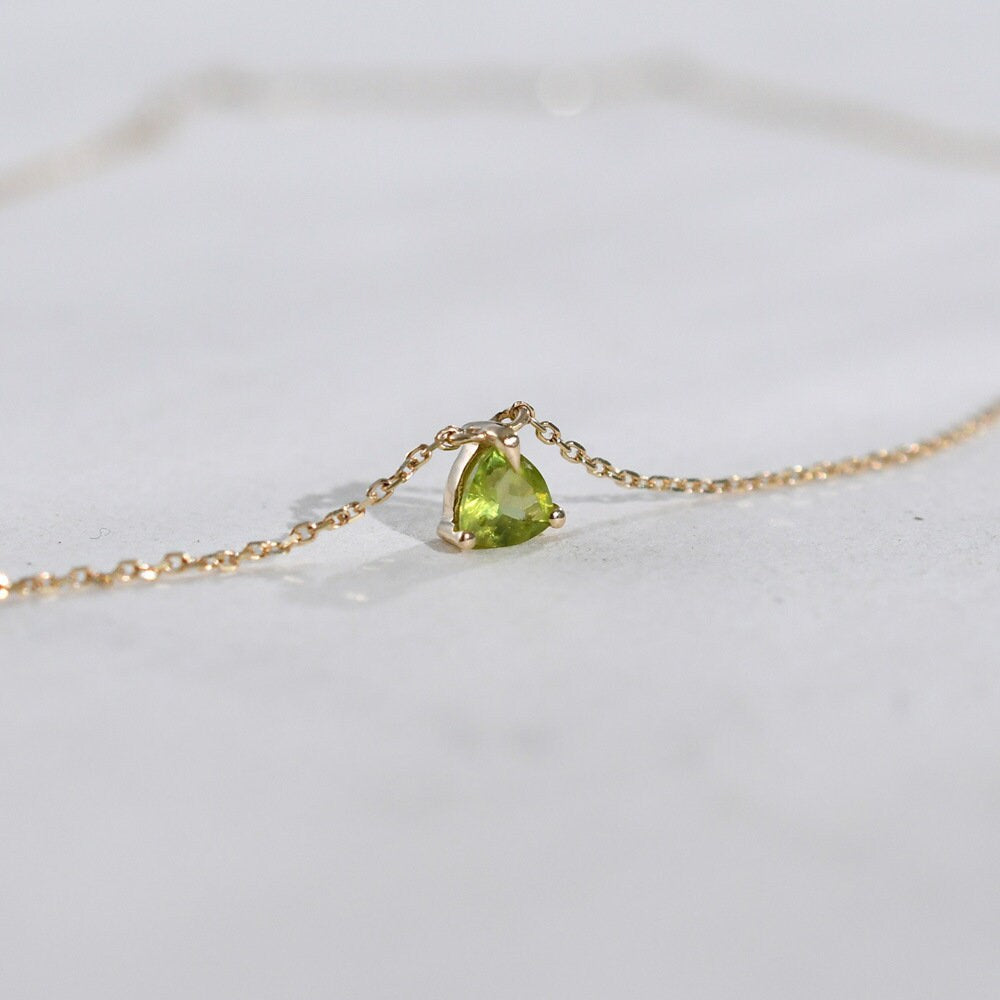 14k Gold Vermeil Tiny Olive Green Triangle CZ Necklace, Dainty Green CZ Triangle Necklace, Minimalist Geometry Necklace, Gifts for her, GN40